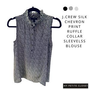J Crew Size 2P Sleeveless silk blouse black &white chevron pattern Ruffle collar